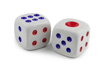 Two white dices close-up isolated on white. Macro photo of two dice with the result of six and one with a slight shadow.