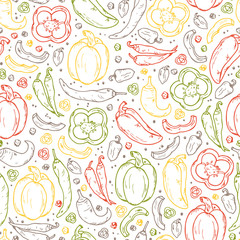 Vegetables and Spices Vector Seamless pattern. Hand drawn doodle: bell pepper, chili pepper, hot pepper, peppercorns.