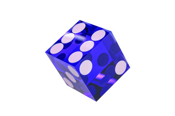 Blue dice transparent with light flare isolated on white. A poker cube with sharp edges is cut without a shadow.