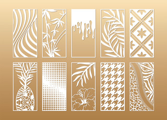 10 Laser cut vector panels (ratio 1:2). Cutout silhouette with tropical trees and flowers, animal skin, hounds tooth. The set is suitable for engraving, laser cutting wood, metal, stencil.