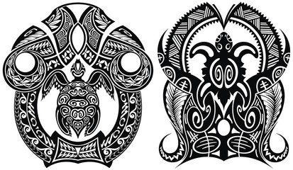 Traditional Maori tattoo design with turtle - obrazy, fototapety, plakaty