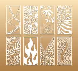 8 Laser cut vector panels (ratio 1:2). Cutout silhouette with tropical trees and flowers, animal skin. The set is suitable for engraving, laser cutting wood, metal, stencil manufacturing.