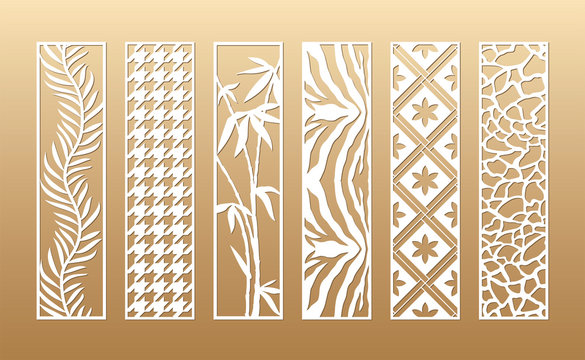 6 Laser Cut Vector Panels (ratio 1:4). Cutout Silhouette With Animal Skin, Palm, Bamboo, Hounds Tooth, Flowers. The Set Is Suitable For Engraving, Laser Cutting Wood, Metal, Stencil Manufacturing.