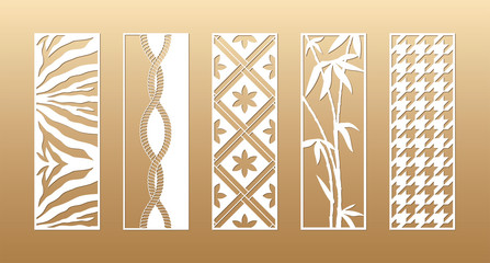 5 Laser cut vector panels (ratio 1:3). Cutout silhouette with animal skin, bamboo, rope, hounds tooth, flowers. The set is suitable for engraving, laser cutting wood, metal, stencil manufacturing.