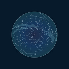 Celestial map of the night sky. Vector starry Northern hemisphere . Stars on the deep blue background. Planisphere and constellations.