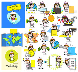 Obraz premium Cartoon Waitress with Various Concepts - Different Vector illustrations