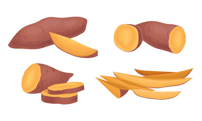 Chopped and Cut into Slices Sweet Potatoes Vector Set