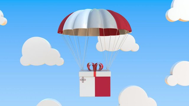 Carton with flag of Malta falls with a parachute. Loopable conceptual 3D animation