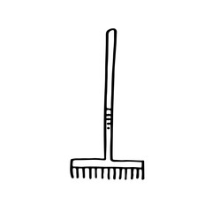 Rake for gardening vector doodle line art illustration, sticker, icon. Isolated on white background. Easy to change color. Design element. Gardening tools for small home garden.