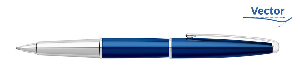 Ballpoint pen. Classic blue pen. Metal ballpoint pen. Realistic style. 3D style. Vector illustration. 