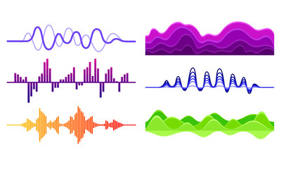 Sound Frequency Waves Vector Set. Audio Equalizer Sound in Various Shapes and Colors