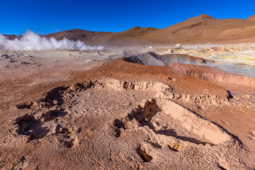 Bolivia, the southwest of the Altiplano, Potosi Department. Eduardo Avaroa Andean Fauna National Reserve. Sol de Manana (Morning Sun), geothermal area