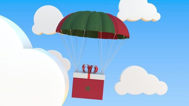 Carton with flag of Morocco falls with a parachute. Loopable conceptual 3D animation