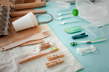 Disposable plastic dishes, bags, toothbrush, clothespins and cotton buds made of wood and...