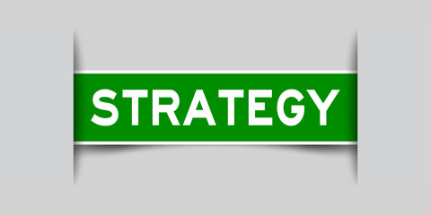 Label square green sticker in word strategy that insert under gray background (vector)