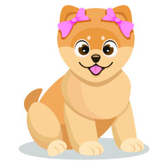 Cute happy ginger cartoon puppy with pink bows; vector illustration. 