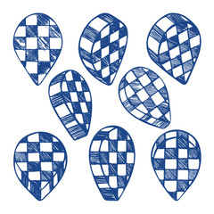 Fototapeta premium Taxi map pins sketch drawing collection. Hand drawn map pin with checkerboard texture. Taxi signs set in different angles and views.