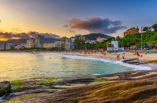 Sunset view of Ipanema beach and Arpoador beach in Rio de Janeiro, Brazil
