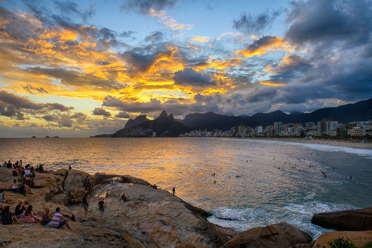Sunset on Ipanema beach and mountain Dois Irmao (Two Brother) in Rio de Janeiro, Brazil