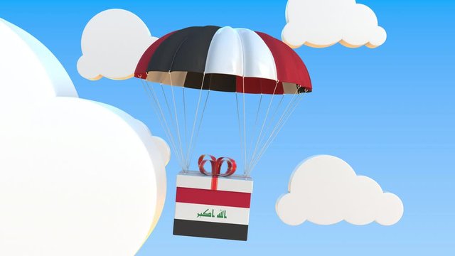 Carton with flag of Iraq falls with a parachute. Loopable conceptual 3D animation