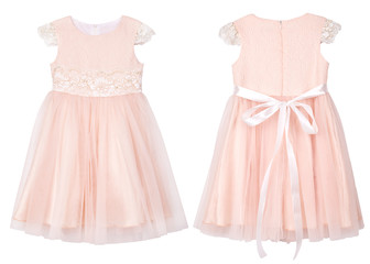 Trendy lace Girl's peach colored party dress isolated on white background. Sleeveless cute female...
