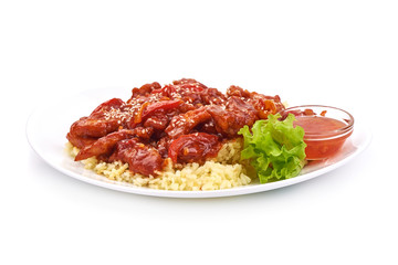 Traditional cooking- wok stir fry chicken and rice, isolated on white background