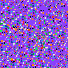 Seamless festive pattern with colorful circles on a bright purple background. Ideal for birthdays, gift wrapping, backgrounds. 