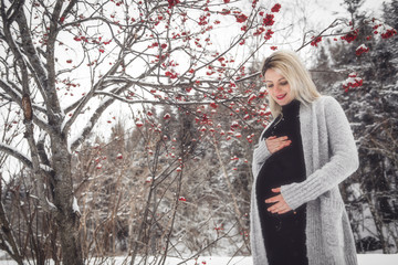 Young happy pregnant woman in snowy forest