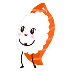Little kawaii sushi with salmon. Childish cute character for asian menu. Japanese cuisine cartoon.