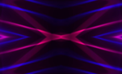 Dark abstract futuristic background. Neon lines glow. Neon lines, shapes. Multi-colored glow, blurry lights, bokeh. Empty stage background
