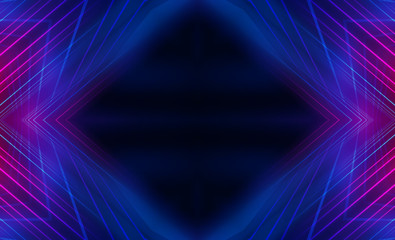 Dark abstract futuristic background. Neon lines glow. Neon lines, shapes. Multi-colored glow, blurry lights, bokeh. Empty stage background