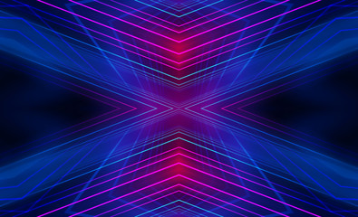 Dark abstract futuristic background. Neon lines glow. Neon lines, shapes. Multi-colored glow, blurry lights, bokeh. Empty stage background