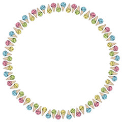 Round frame with yellow, pink, green and blue ice cream cones. Isolated frame of colorful ice cream for your design.