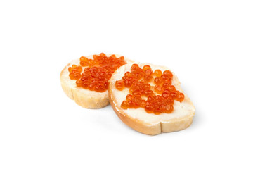 Sandwiches with red caviar isolated on white background.