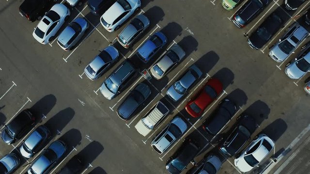 Aerial view people walking at parking. Drone footage man moving trolley