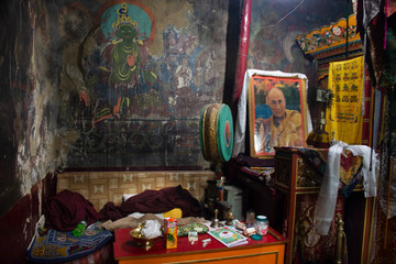 Inside and interior in Tsemo Maitreya Temple or Namgyal Tsemo Monastery for people travel visit respect pray at Leh Ladakh on March 19, 2019 in Jammu Kashmir, India