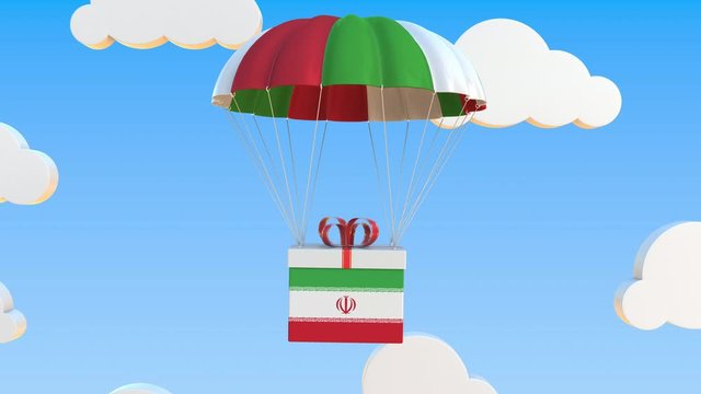 Carton with flag of Iran falls with a parachute. Loopable conceptual 3D animation