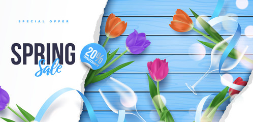 Spring sale promo banner layout with colorful tulips flower and ribbon on wooden background 3d vector illustration
