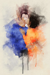 Watercolor illustration of a woman kissing her partner from his cheek