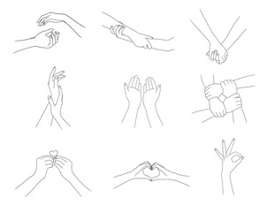 set of hands. thin line drawing black hands . Vector illustration