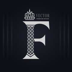 Elegant Capital letter F. Graceful Royal Style. Creative Calligraphic Beautiful Logo. Vintage Drawn Emblem for Book Design, Brand Name, Business Card, Restaurant, Boutique, Hotel. Vector illustration