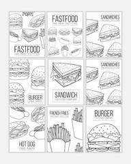 Set of fast food flyer templates. Street food cartoon illustrations for design and web