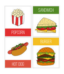 Set of fast food flyer templates. Street food cartoon illustrations for design and web