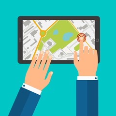 Hands touch the screen to indicate the address on the map. Vector illustration