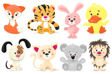 Cute set of animals. Vector isolates in cartoon flat style on a white background.