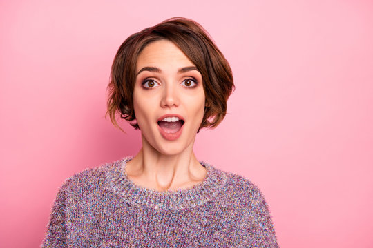 Close-up portrait of her she nice-looking attractive lovable lovely pretty charming amazed cheerful cheery brown-haired girl good news reaction isolated over pink pastel color background
