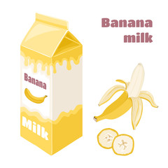 Banana milk in carton box isolated on white background. Vector illustration of Dairy flavored drink and yellow fruit in cartoon flat style. Organic Dairy farm beverage.