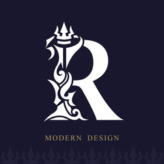 Elegant Capital letter R. Graceful Royal Style. Creative Calligraphic Beautiful Logo. Vintage Drawn Emblem for Book Design, Brand Name, Business Card, Restaurant, Boutique, Hotel. Vector illustration
