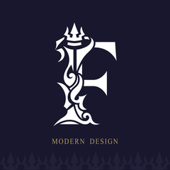 Elegant Capital letter F. Graceful Royal Style. Creative Calligraphic Beautiful Logo. Vintage Drawn Emblem for Book Design, Brand Name, Business Card, Restaurant, Boutique, Hotel. Vector illustration