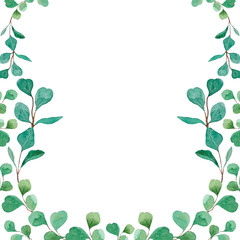 Watercolor frame of woven eucalyptus twigs. Eucalyptus background is great in the design of cards, invitations, photo albums, scrapbooking and much more.